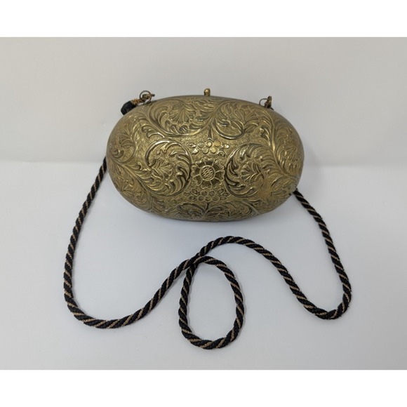 Vintage Art Deco Brass Purse Clutch Brown Velvet Lining Rope Strap Ornate Flower